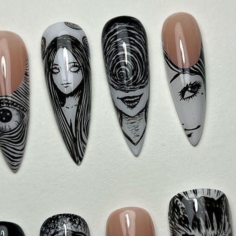 Junji Ito commish 🖤🕷️👁️ 7.5 hours handpainted @esvynails code HOTGURL10 - White and Black gel paints @functionofvex code HOTGURL - Flexi Tint in Trap - Perma White gel #junjiito #tomie #handpaintednailart #animenails #horroranime #pressonnails #pressons #nails #nailsnailsnails #nailsofinstagram #nailsoftheday #nailsonfleek #stilettonails #thepressoncollective Tomie Inspired Makeup, Tomie Junji Ito Makeup, Tomie Nails, Uzumaki Junji Ito Nails, Tomie Junji Ito Makeup Tutorial, Junji Ito Nail Art, Junji Ito Nails, Pressons Nails, Anime Nails