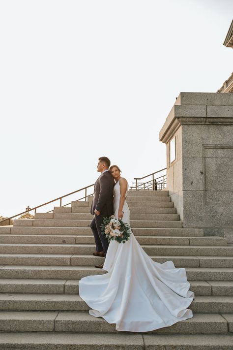 Utah state capitol bridal photos Utah wedding photographer Utah elopement photographer long wedding dress train Long Wedding Dress Train, Utah State Capitol, Indie Wedding, Long Train Wedding Dress, Engagement Pictures Poses, Utah State, Bridal Pictures, Wedding Dress Train, Utah Wedding Photographers