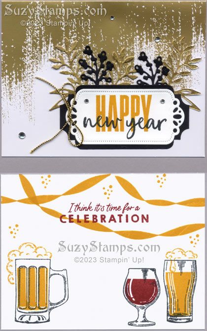 Stampin' Up! Birthday or New Year Cards - 2023-12 Stampin' Class - Brushed Gold Cards & Envelopes, More Wishes Stamp Set, Biggest Wish Stamp Set, Brewed For You Stamp Set, Beautiful Balloons Stamp Set, Timeless Arrangements Dies, Labels Aglow Dies, Very Best Trio Punch, Distressed Gold 12″x12″ Specialty Paper, Simply Elegant Trim, Rhinestone Basic Jewels. Happy New Year Stampin Up Cards, Stampin Up Throughout The Year, New Years Cards Stampin Up Stamp Sets, Stampin Up Happy New Year, Su New Years Cards, More Wishes Stampin Up Cards, Stampin Up More Wishes, 2024 Stampin Up Cards, Stampin Up New Years Cards