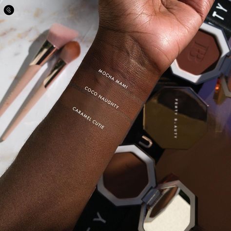 #CocoaSwatches of the #FentyBeauty Sun Stalkr bronzers! 🙌🏿 😍ATTENTION READ ME!: this is important! the shade these bronzers look when swatched with a finger IS NOT how it looks when applied with a brush! Swipe to see how the bronzers look blended with a brush and peep the difference. I am the shade 445 and I can wear both Coco Naughty and Mocha Mami. Coco Naughty may not look that pigmented with one swipe but this formula is meant to be *buildable* it’s not gonna give you hella pigment on one Bronzer Vs Contour, Apply Bronzer, Makeup Basics, Melanin Makeup, How To Apply Bronzer, Foundation Swatches, Olive Undertones, Makeup Wishlist, Black Skin Care