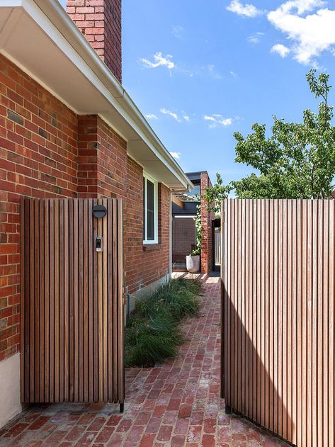 Fence With Gate For Driveway, Gate Inspiration, Clinker Brick, Side Gate, Brick Cottage, Exterior Facade, 1940s Home, Garage Exterior, Recycled Brick