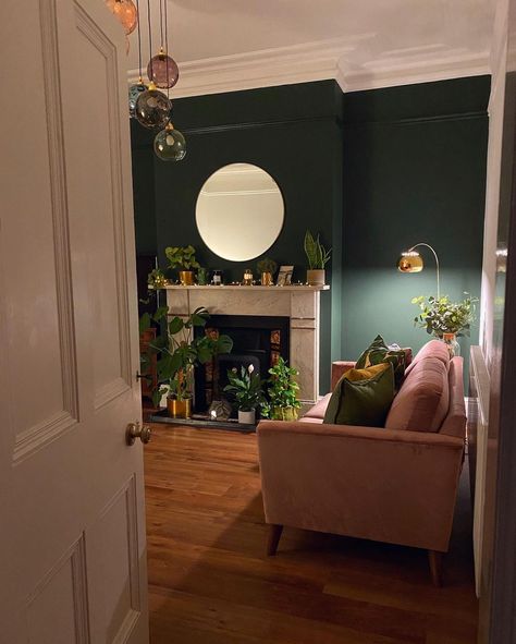 Laura on Instagram: “I know it’s another picture of the living room, but I’m just so over the moon with how the new floor looks! I feel like it’s absolutely…” Farrow And Ball Duck Green, Green Living Room Paint, Dark Green Living Room, Duck Green, Green Living Room, Green Paint Colors, Farrow And Ball, Wall Paint Colors, Kitchen Extension