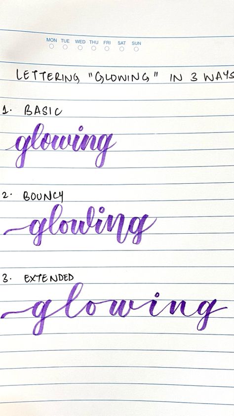 Lettered a word in 3 different ways: basic, bouncy and extended lettering Bouncy Lettering Alphabet, Bouncy Calligraphy Alphabet, Bouncy Lettering, Bounce Lettering, Letter A Words, Journaling Aesthetic, Art Letters, Calligraphy Writing, Learn Calligraphy