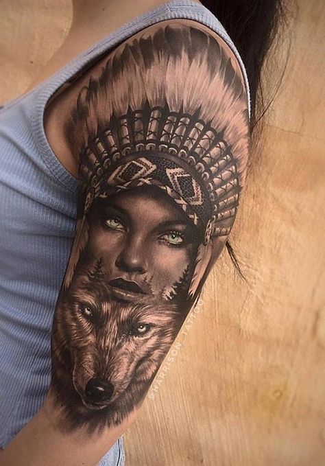 Wolf Back Tattoo, Red Indian Tattoo, Indian Women Tattoo, Native American Wolf Tattoo, Wolf Girl Tattoos, Indian Girl Tattoos, Wolf Tattoos For Women, Tato Maori, Headdress Tattoo