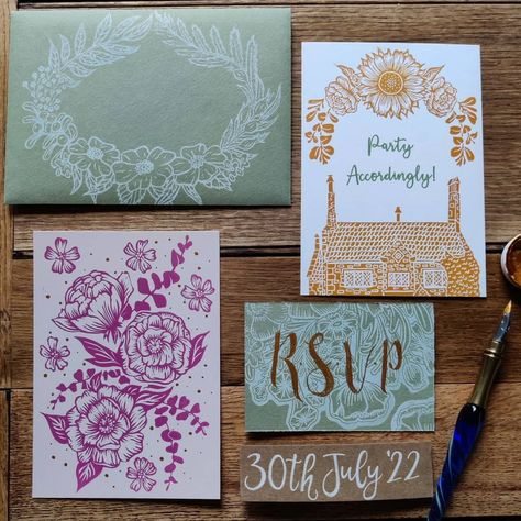 Block Printed Wedding Invitations, Save The Date Lino Print, Linoleum Print Wedding Invitations, Lino Print Invitations, Linocut Invitations, Block Print Wedding Invitations, Lino Print Wedding Invitations, Linocut Invitation, Linocut Wedding Invitations