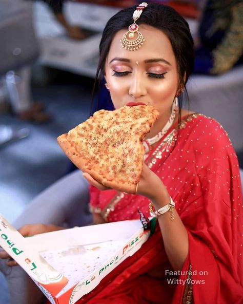 "But First Pizza" | BrideChilla | Beautiful Indian brides | Must have photos of Indian brides | Indian Bridesmaids | Candid Photography | Indian wedding Photographers | Bride to be | Bridal Photo shoot ideas | Bridal Portrait | Bride Tribe | bride Squad | Make up ideas | Picture Credits: Aanal Savaliya | Featured on WittyVows | Wedding Food Menu, Bridal Jewels, Bride Pictures, Eating Pizza, Bride Poses, Bridal Poses, Bridesmaids Photos, Bridal Photoshoot, Indian Wedding Photography