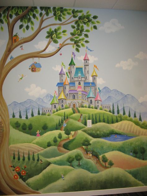 castle-under fairy tree Murals Outdoor, Fairy Mural, Castle Mural, Outdoor Murals, Castle Illustration, Castle Drawing, Castle Painting, Kids Room Murals, Storybook Art