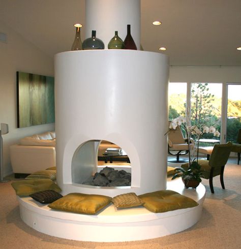 circular fireplace Circular Fireplace, Beach House Fireplace, Yoga Studio Design Ideas, Pueblo House, Sala Yoga, Fireplace Apartment, Denmark House, Barn Remodel, Kiva Fireplace