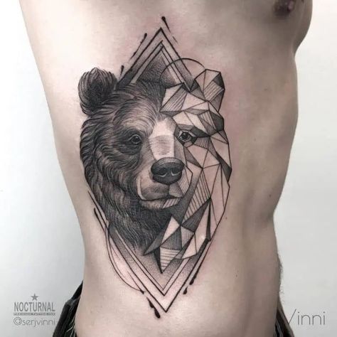 20 Bear Tattoos That Will Inspire You - Body Artifact Geometric Bear Tattoo, Rabe Tattoo, Care Bear Tattoos, Bear Tattoo Designs, Totem Tattoo, Geometric Bear, Muster Tattoos, Back Of Shoulder Tattoo, Bear Tattoo