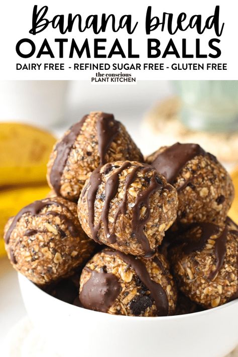 These peanut butter banana energy bites with chocolate chips are healthy breakfast on the go or post-workout energy bites to refuel with healthy carbs and plant-based protein. Banana Oat Balls, Conscious Plant Kitchen, Banana Energy, Peanut Butter Banana Oats, Oat Balls, Protein Powder Cookies, Healthy Breakfast On The Go, Plant Kitchen, Energy Ball Recipe