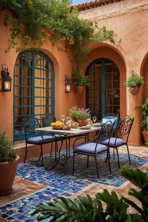 Mediterranean Garden Patio, Tatooine House, Small Mediterranean House, Tuscan Patio Ideas, Cuban House, Billowing Curtains, Mediterranean Patio Ideas, Mediterranean Curtains, Mediterranean Cafe