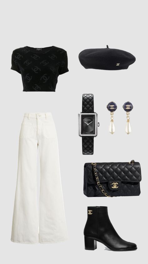 Coco Chanel 🤍 Chanel Outfit Inspiration, Chanel Airport Outfit, Coco Chanel Outfits Classy, Coco Chanel Outfit Ideas, Chanel Outfits Women Casual, Coco Chanel Inspired Outfit, Coco Chanel Style Outfits, Chanel Black Outfit, Chanel Outfit Casual