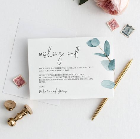 A Note On Gifts Wedding Invitation, Gift Card Wedding, Wedding Gift Card, Wishing Well Wedding, Wedding Wishing, Blue Eucalyptus, Wedding Invitation Etiquette, Wedding Greenery, Wedding Details Card