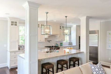 kitchen islands with support posts - Google Search Kitchen Island Ideas With Columns, Kitchen Island With Columns, Kitchen Columns, Open Kitchen And Living Room, Living Room And Kitchen, Diy Kitchen Remodel, Small Kitchen Decor, Diy Kitchen Decor, Kitchen And Dining Room