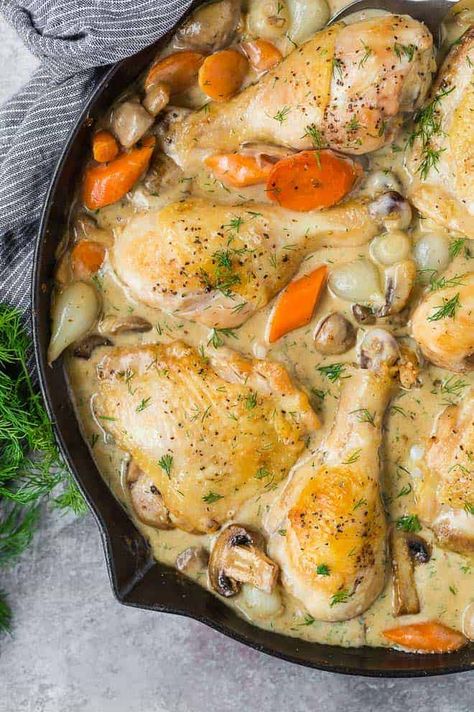 Turkey Fricassee Recipe, Chicken Fricasse Recipe, Chicken Marsala Pasta, Chicken Carrots, Chicken Fricassee, Pan Chicken Recipes, Chicken Leg Recipes, Pearl Onions, Chicken Marsala