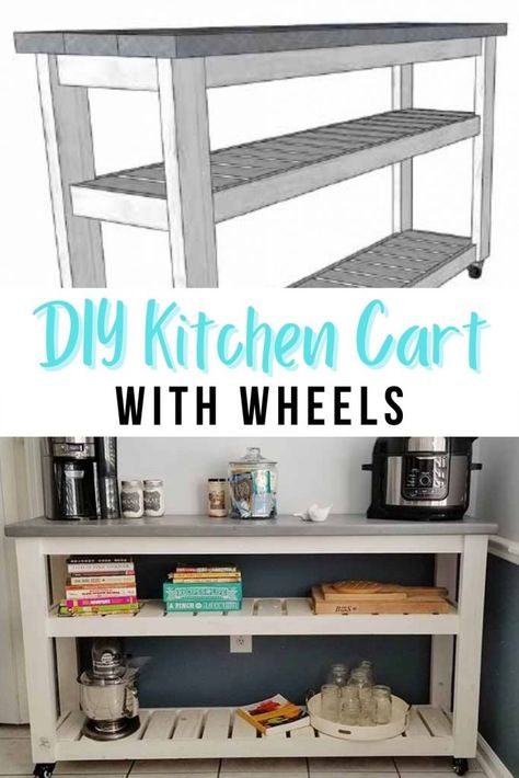 How To Make a Kitchen Cart on Wheels with Plans - ToolBox Divas Anna White Kitchen Island, Outdoor Carts On Wheels, Diy Kitchen Cart With Wheels, Diy Cart With Wheels, Kitchen Cart Diy, Kitchen Cart Ideas, Diy Kitchen Cart, Kitchen Island Furniture, Kitchen Utility Cart