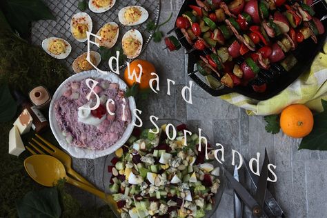 Edward Scissorhands: Deviled Eggs and Kebabs Cinema Snacks, Feast Of Starlight, Salad Chopped, Fictional Food, Movie Dinner, Ambrosia Recipe, Chopped Salad Recipe, Themed Recipes, Movie Night Food