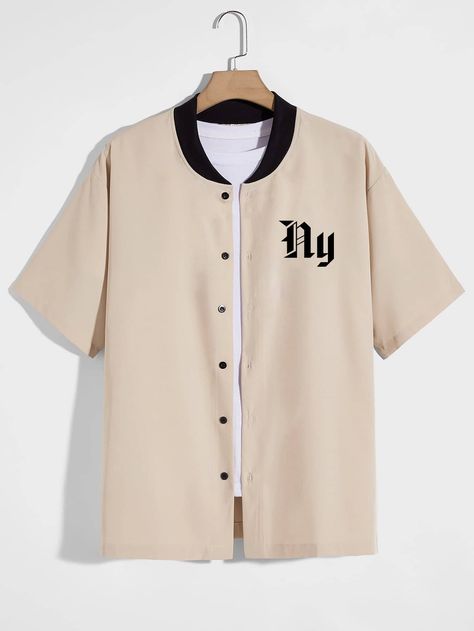 Khaki Preppy  Short Sleeve Polyester Letter Shirt  Non-Stretch Summer Men Tops Baseball Shirt Outfit Mens, Baseball Shirt Outfit, Mens Baseball Shirts, Money Clothing, Letter Shirt, Preppy Shorts, Cap Fashion, Men Shirts, Baseball Shirt