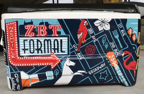 Painted frat cooler #nashville #formal #zbt Nashville Formal, Formal Flask, Mountain Weekend Cooler, Painted Fraternity Coolers, Nola Cooler, Canvas Sorority, Parking Lot Painting, Formal Cooler Ideas, Fraternity Formal