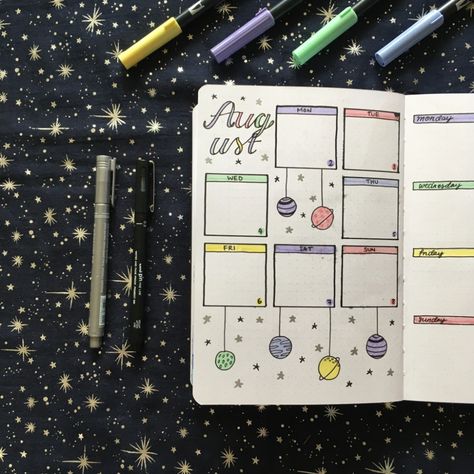 Bullet Journal August Theme, Bullet Journal Space Theme, Journal Categories, Xmas Calligraphy, Space Bullet Journal, Bullet Journal Entries, January Bujo, Bujo 2023, August Bullet Journal