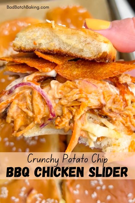 Crunchy BBQ Chicken Sliders - Bad Batch Baking - Restaurant Copycat Recipes & Family Favorites Alabama Recipes, White Barbecue Sauce, Awesome Sandwiches, Chicken Crisps, Sliders Recipes Chicken, Best Barbecue Sauce, Bbq Chicken Sliders, Batch Baking, Hot Sandwiches