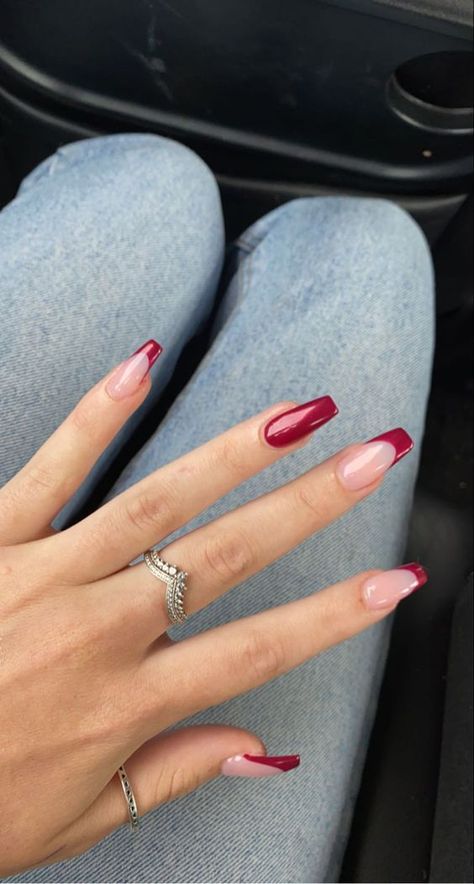 French Tip Christmas Nail Ideas Coffin, December Nails Coffin Shape, Red French Coffin Acrylic Nails, Coffin Shape Nails Christmas, Christmas Nails Red Coffin, Red Coffin French Tip, Christmas French Tip Nails Coffin, Red French Coffin Nails, Pink Nails With Red French Tip