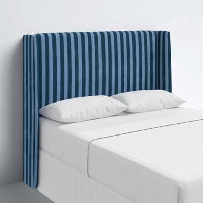 Blue Pattern Headboard, Striped Upholstered Bed, Funky Bed Frame, Fabric Headboard Diy, Blue Headboard Bedroom, Headboards Upholstered, Blue Bed Frame, Upholster Bed, Boy Headboard