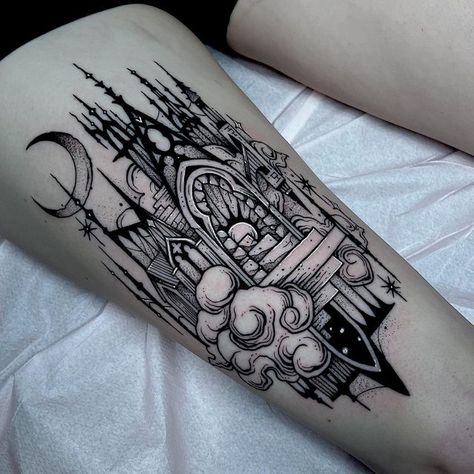 Spooky Castle Tattoo, Fantasy Castle Tattoo, Castle Sleeve Tattoo, Castle Arm Tattoo, Dragon Castle Tattoo, Goth Castle Tattoo, Castle Window Tattoo, Gothic Castle Tattoo Design, Archi Tattoo