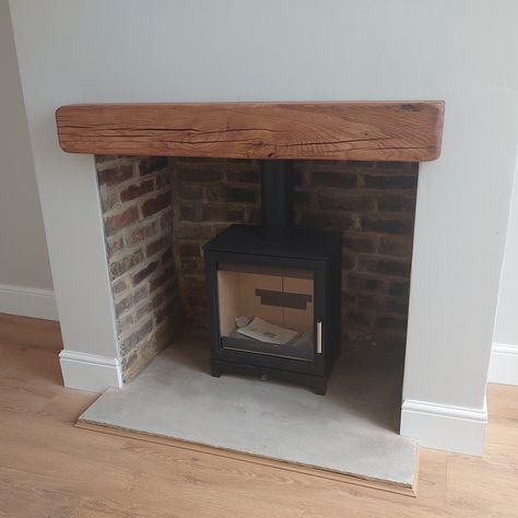 Log Burner Brick Fireplace, Wood Stove Alcove, Wooden Beam Fireplace, Herringbone Brick Fireplace, Wood Burner Fireplace Ideas, Brick Fireplace Log Burner, Modern Log Burners, Exposed Brick Fireplaces, Stove Decor