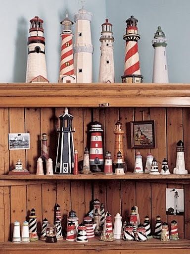 Nautical lighthouse collection.  All collections:  http://www.completely-coastal.com/search/label/Collections Lighthouse Decor, Lighthouse Pictures, Beach Cottage Style, Beach Living, Driftwood Art, Nautical Decor, Nautical Theme, Beach Art, Displaying Collections