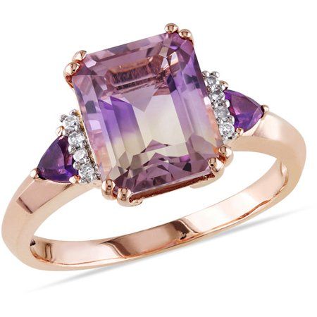 3-1/2 Carat T.G.W. Ametrine and Amethyst with Diamond-Accent Rose Rhodium-Plated Sterling Silver Three-Stone Cocktail Ring Purple Diamond Ring, Purple Amethyst Ring, Amethyst And Diamond Ring, Purple Diamond, Diamond Fashion Rings, Vintage Style Rings, Purple Jewelry, Vintage Diamond Rings, Diamond Cocktail Rings