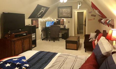 Teen boy bonus room bedroom slanted walls Teen Boy Bedroom Slanted Ceiling, Closet In Bonus Room, Bonus Room Bedroom Ideas Above Garage, Bonus Room Bedroom Ideas, Attic Room Ideas Slanted Walls, Bedroom Ideas Slanted Ceiling, Angled Ceiling Bedroom, Bedroom Slanted Ceiling, Bedroom Slanted Walls