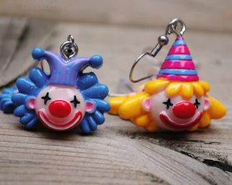 Clowncore | Etsy Clown Earrings, Weird Jewelry, Cute Clown, Creepy Clown, Funky Earrings, Funky Jewelry, Clay Charms, Fun Earrings, Clay Art