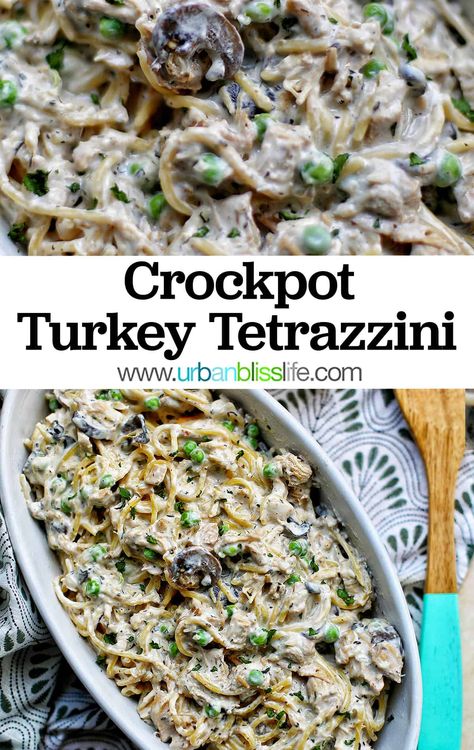 This Slow Cooker Turkey Tetrazzini is a delicious way to enjoy leftover turkey! Get the full recipe with cooking, storing, and meal prep tips at UrbanBlissLife.com Leftover Turkey Recipes Crockpot, Turkey Tetrazzini Easy, Turkey Tetrazzini Recipe, Turkey Crockpot Recipes, Hotdish Recipes, Turkey Tetrazzini, Turkey Pasta, Leftover Thanksgiving, Turkey Casserole