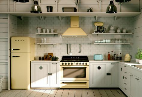 Farmhouse Kitchen Design Photo by Wayfair Smeg Kitchen Appliances, Smeg Kitchen, White Kitchen Appliances, Smeg Fridge, Kitchen Appliance Storage, Outdoor Kitchen Appliances, Farmhouse Kitchen Design, Cottage Kitchens, Range Cooker