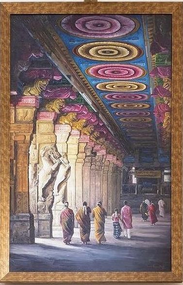 Madurai Meenakshi Temple Drawing, Tamil Temple Art, Temple Wall Background, Meenakshi Temple Drawing, Tamil Art Paintings, South Indian Temple Painting, Tamil Traditional Art, Hindu Temple Painting, Temple Asethic