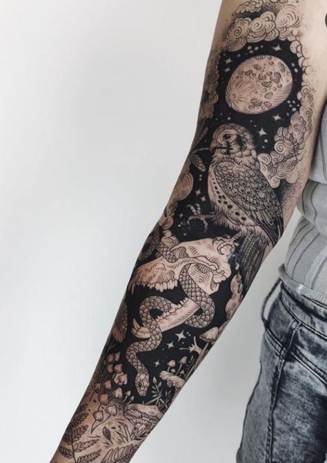 Dark Feminine Tattoos, Owl Tattoo Sleeve, Tattoo Practice, Money Tattoo, Intricate Tattoo, Full Sleeve Tattoo, Dark Feminine, Aesthetic Tattoo, Black Ink Tattoos