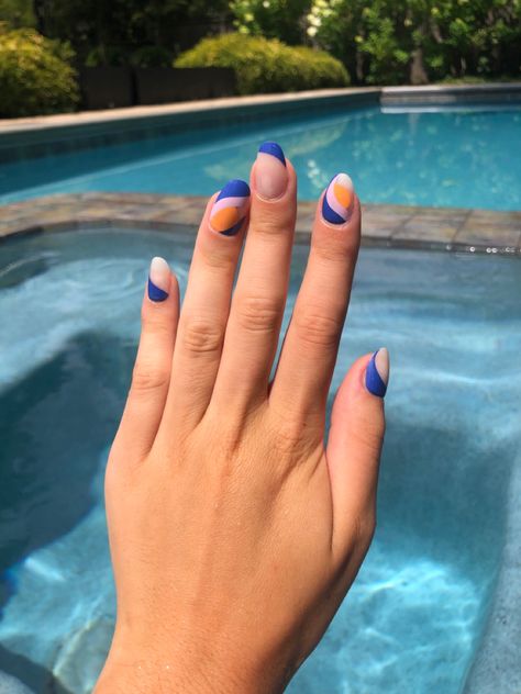 Blue Orange And White Nails, Dark Blue And Orange Nails, Orange And Blue Nails, Blue Matte Nails, Orange Acrylic Nails, Dark Blue Nails, Orange Nail Designs, Orange Accents, Orange Nails