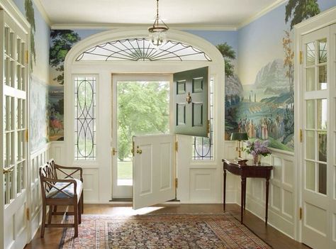 Magnificent entry Zuber Wallpaper, Dutch Doors, Bedroom With Bath, Entry Way Design, Entry Ways, Dutch Door, Colonial Revival, Entry Hall, Entry Foyer