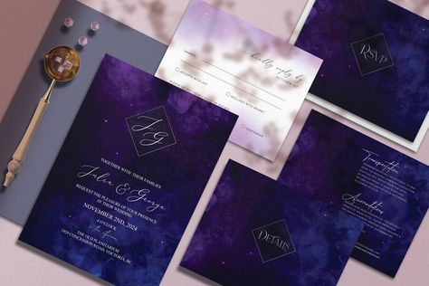 Ether Wedding Invitation Suite,, Starry Night Wedding Suite, Galaxy Theme, Cosmic Wedding Suite, Space Themed Wedding, Purple Starry Night Space Themed Wedding, Purple Starry Night, Cosmic Wedding, Galaxy Wedding, Star Pendant Lighting, Starry Night Wedding, Wedding Purple, Moon Wedding, Galaxy Theme