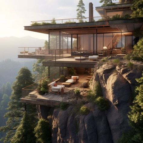 Luxury Villas #exteriordesign #outdoordesign #luxuryhomes #luxuryfurniture #luxurygarden #luxuryhouse #interiordesign #interiordecor #designlovers #luxuryhouse Minecraft Cliff House, Cliffside House, Modern Timber Frame, Minecraft Modern, House Outer Design, Expect Nothing, Tropical Architecture, Modern Mountain Home, Cliff House