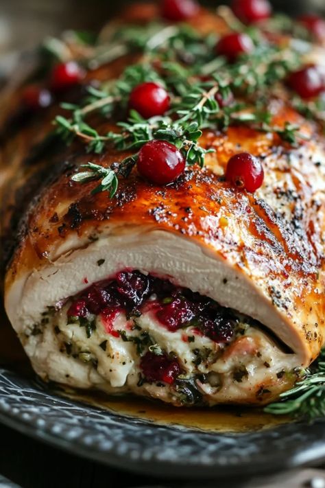 Fall in love with this cranberry stuffed turkey breast recipe featuring a sweet and tangy filling. Perfect for holiday dinners, it delivers delicious flavors on your festive table. Stuffed Chicken Christmas Dinner, Stuffed Chicken Breast Christmas, Rolled Turkey Breast With Stuffing, Turkey Breast Christmas Dinner, Stuffing Recipes Christmas, Chicken Breast Recipes Christmas, Turkey Filling Recipes, Turkey Breast Rolled With Stuffing, Easy Christmas Eve Lunch Ideas