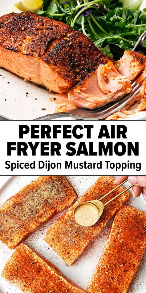 This air fryer salmon filet recipe is the secret to moist and crispy salmon in under 15 minutes! The perfect easy and healthy dinner idea and air fryer recipe. Hungry Happens Recipes Salmon, Salmon Seasoning Recipe Air Fryer, Air Fryer Salmon Skin On, Crispy Skin Salmon Air Fryer, Salmon In The Air Fryer Recipes, How Long To Air Fry Salmon, How To Air Fry Salmon, Asian Air Fryer Salmon, Salmon Steaks In Air Fryer