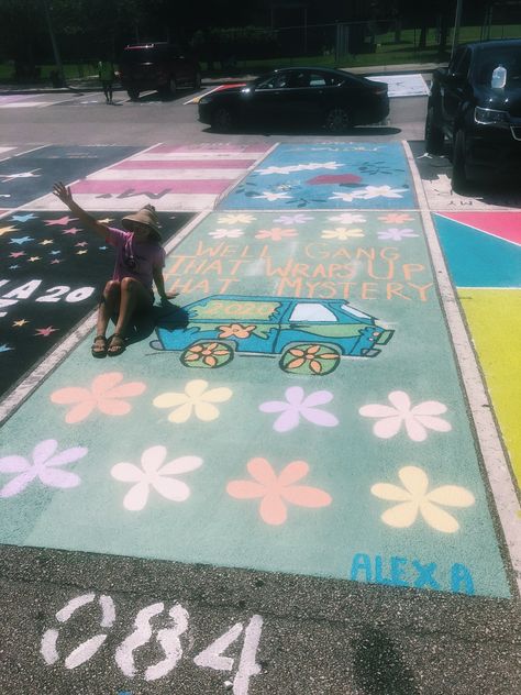 Mexican Senior Parking Spot, Chalk Your Spot Ideas, Parking Space Painting Ideas Funny, Senior Parking Space Ideas Butterfly, Senior Brick Ideas Painting, High School Musical Parking Spot, Senior Parking Spot Disney, Disney Themed Senior Parking Spots, Parking Spot Painting High School Funny