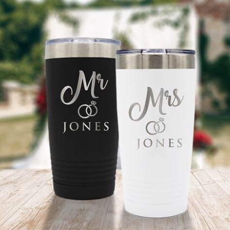 "**This is NOT a decal. It is actually permanently engraved and will NEVER rub off, fade or peel like stickers do.** This personalized Tumbler cup set is the perfect gift for any couple!  Whether you're on-the-go, traveling, working or of course pre-gaming before the big day... take your custom  tumbler along to keep that beverage ice cold or perfectly hot!  Made of 18/8 stainless steel and \"no sweat\" technology to ensure a dry exterior, without coasters - Double wall vacuum insulation that wi Mrs Tumbler, Personalized Bridal Shower Gifts, Bride Tumbler, Wedding Tumblers, Wine Gift Set, Honeymoon Gifts, Mr And Mrs Wedding, Anniversary Gifts For Couples, Personalized Tumbler