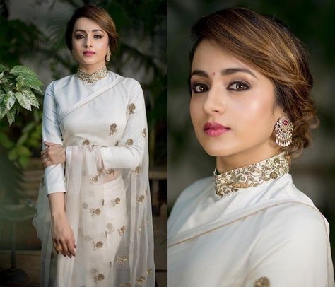 Monochrome Saree, Bollywood Makeup, Draping Styles, Blouse Designs High Neck, Saree Blouse Styles, Trisha Krishnan, Saree Wearing, Saree Wearing Styles, Peach Saree