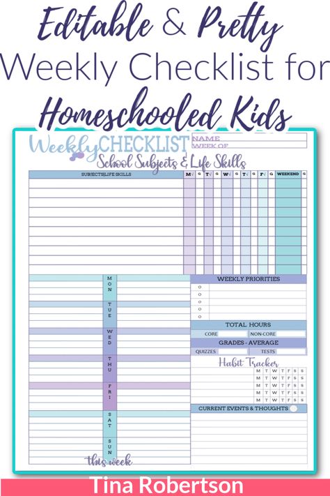 Editable and Pretty Weekly Checklist for Homeschooled Kids packs a lot of options on this one beautiful page. There are two color schemes with this one download. If you’re wanting to homeschool plan skinny or are looking for another option of lesson planning page to your homeschool planner you’ll love this weekly checklist for your homeschooled child. Check it out at Tina’s Dynamic Homeschool Plus! Homeschool Planning Printables, Homeschool Checklist, Homemaking Binder, Homeschool Lesson Planner, Homeschool Binder, Homeschool Portfolio, Weekly Checklist, Homeschool Middle School, Lesson Plan Template Free