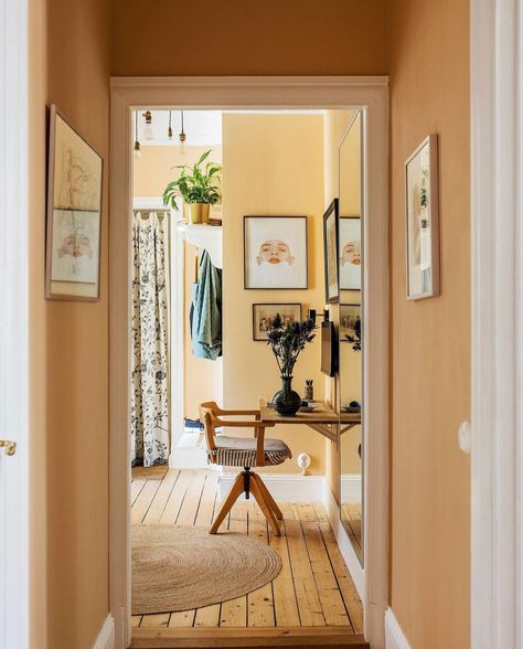 Yellow Painted Rooms, Hallway Designs, Yellow Walls, Everything But The House, Vintage Elegance, Front Room, Small Living, Little House, House Inspo