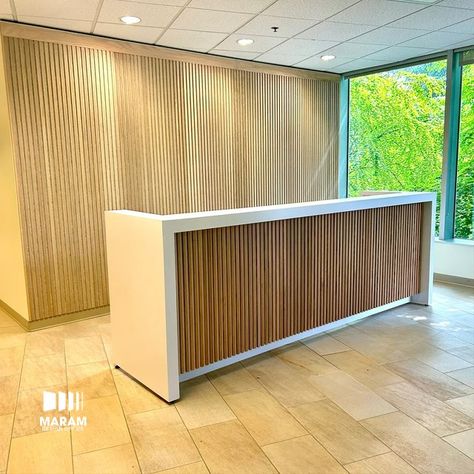 Reception Desk with precious and real WOOD. This desk is crafted with the highest quality plywood and MDF, and features a beautiful maple, oak, walnut or poplar wood design that adds a touch of elegance to any space. Wood Reception, Curved Reception Desk, Wood Reception Desk, Custom Reception Desk, Church Lobby, Reception Desk Design, Reception Desks, Desk Height, Office Furniture Desk