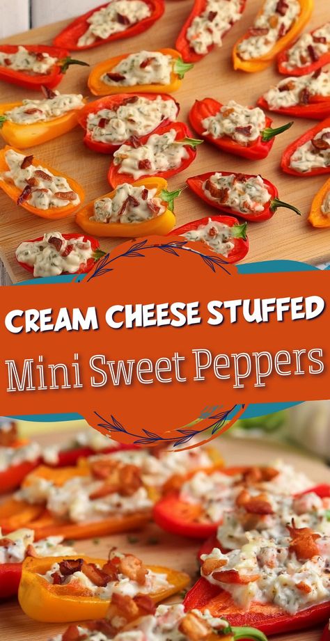 Cream Cheese Stuffed Mini Sweet Peppers Sweet Peppers Recipe, Stuffed Mini Sweet Peppers, Baby Bell Peppers, Cream Cheese Stuffed Peppers, Sweet Pepper Recipes, Baked Appetizers, Snowball Cookie Recipe, Tuna Casserole Recipes, Mini Sweet Peppers